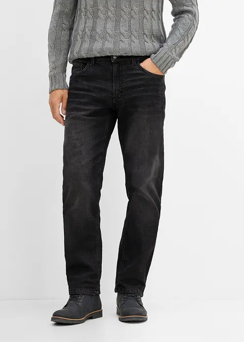 Thermo Relaxed-Fit-Jeans mit Dehnbund, Straight in schwarz von vorne - bonprix