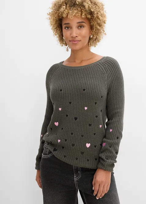 Pullover mit Stickerei in grau von vorne (im Anschnitt) - bonprix