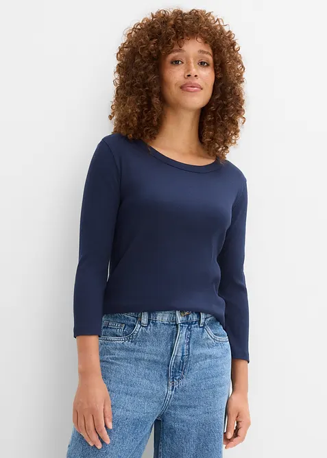 Rippshirt mit 3/4-Arm aus reiner Bio-Baumwolle  (3er Pack) in blau von vorne (im Anschnitt) - bonprix