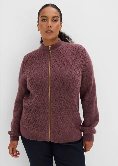 Strickjacke mit Zopfmuster in lila von vorne (im Anschnitt) - bonprix