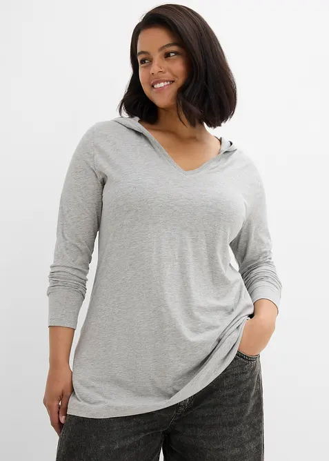 Longshirt mit Kapuze in grau von vorne (im Anschnitt) - bonprix