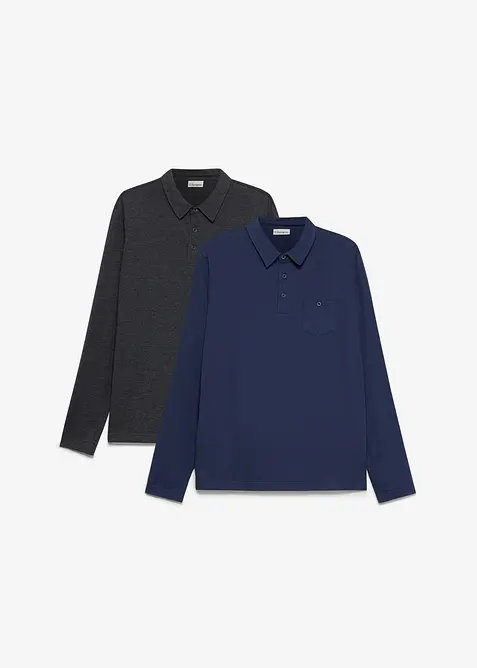 Polo-Langarmshirt mit Brusttasche (2er Pack) in blau von vorne - bonprix
