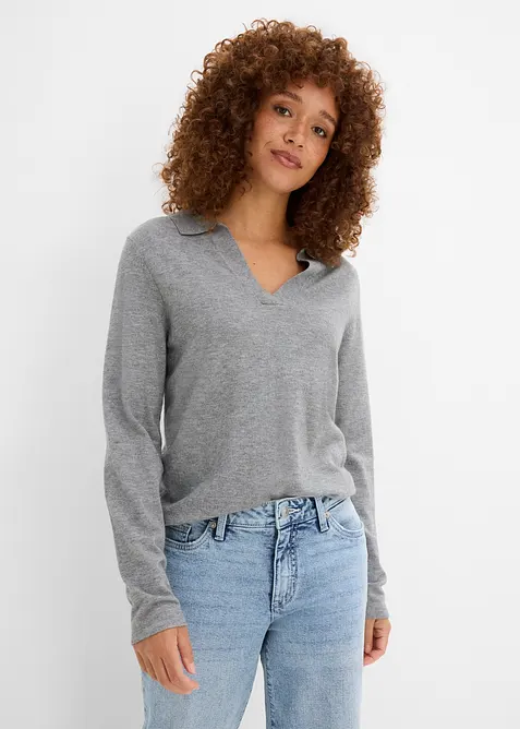 Strick-Poloshirt aus feiner Viskose in grau von vorne (im Anschnitt) - bonprix