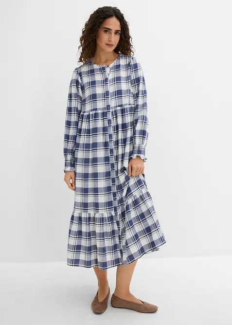 Flanell-Midikleid aus reiner Baumwolle in blau von vorne (Totalaufnahme) - bonprix