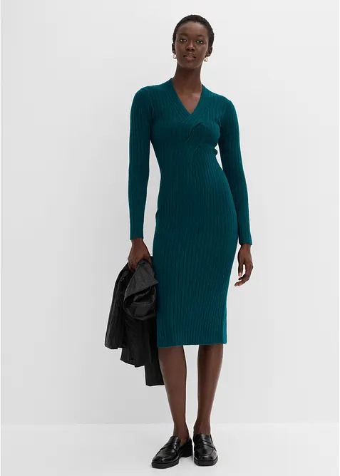 Strickkleid mit Wollanteil in petrol im Look von vorne (Totalaufnahme) - bonprix