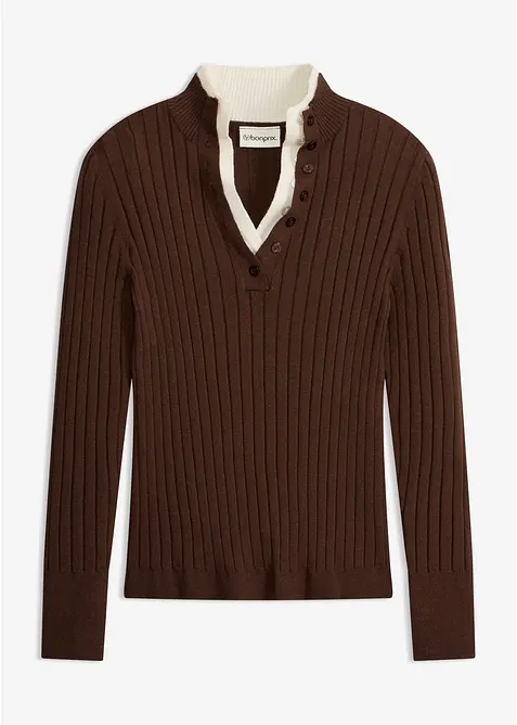 Gerippter Feinstrickpullover mit Viskose in 2 in 1 Optik in braun von vorne - bonprix