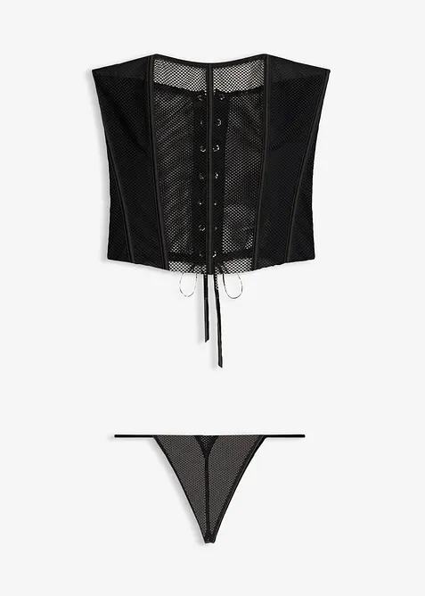 Corsage+String aus Netz (2-tlg. Set) in schwarz von vorne - bonprix