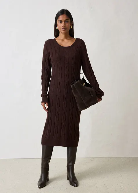 Strickkleid mit Wolle und Zopfmuster in braun im Look von vorne (Totalaufnahme) - bonprix
