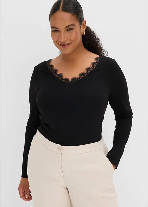 Shirt aus Single Jersey und Spitze im V-Ausschnitt in schwarz von vorne (im Anschnitt) - bonprix
