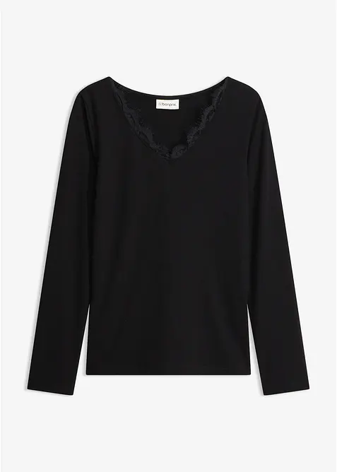 Shirt aus Single Jersey und Spitze im V-Ausschnitt in schwarz von vorne - bonprix