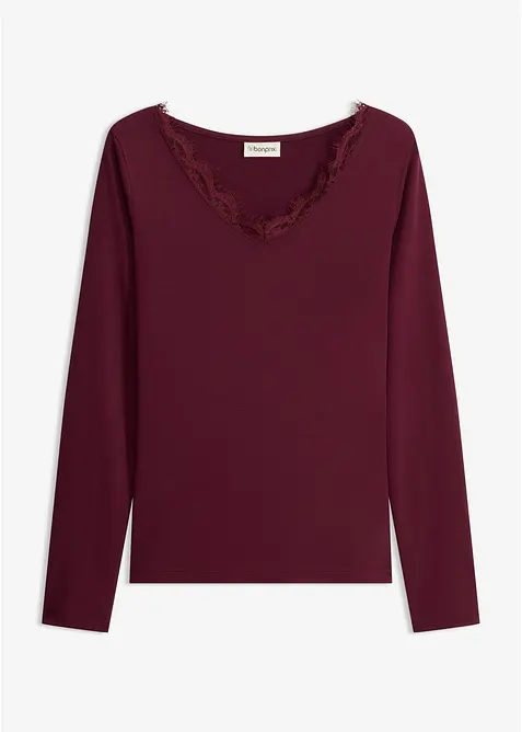 Shirt aus Single Jersey und Spitze im V-Ausschnitt in rot von vorne - bonprix