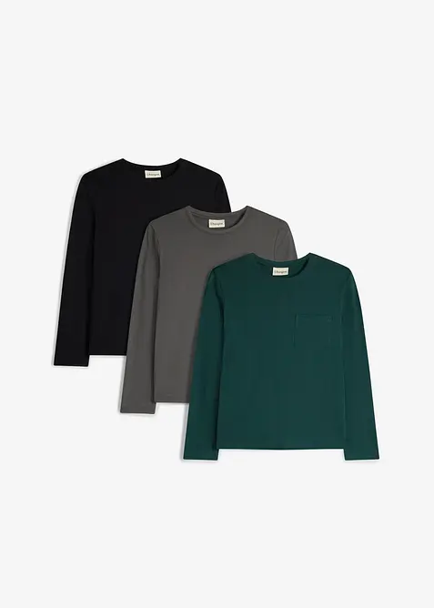Langarmshirt aus weicher Bio Baumwolle mit Brusttasche (3er Pack) in grün von vorne - bonprix