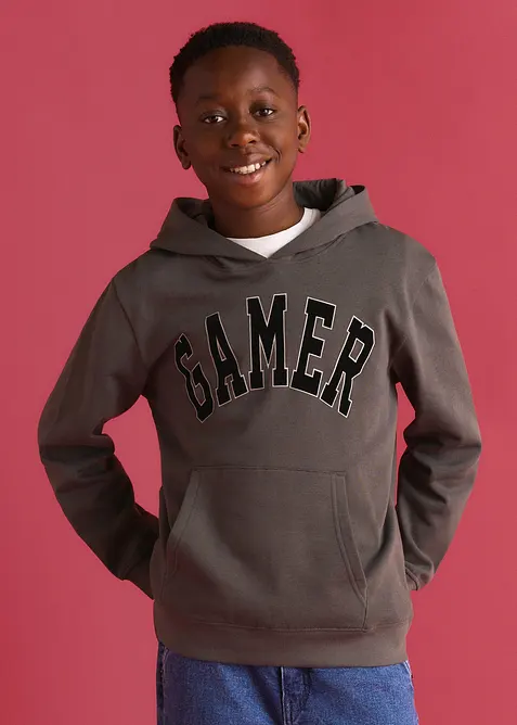 Hoodie aus weicher Bio Baumwolle mit Flockprint in grau von vorne (im Anschnitt) - bonprix