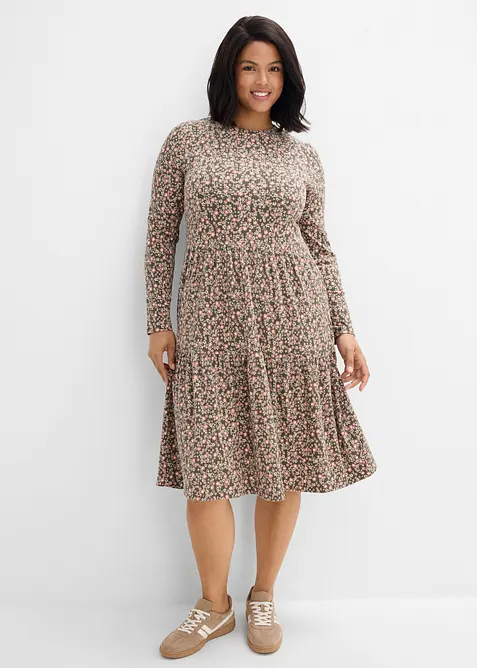 Ripp-Midikleid mit Stretch in grün von vorne (Totalaufnahme) - bonprix