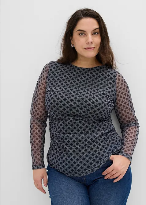 Langarmshirt aus feinem Mesh in schwarz von vorne (im Anschnitt) - bonprix