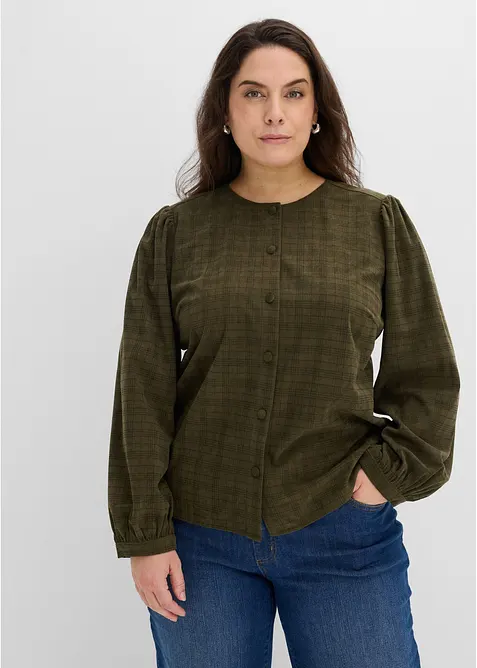 Karierte Cord-Bluse mit Pufferärmeln in grün von vorne (im Anschnitt) - bonprix