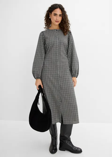 Kariertes Midikleid mit Bindegürtel in weiß im Look von vorne (Totalaufnahme) - bonprix