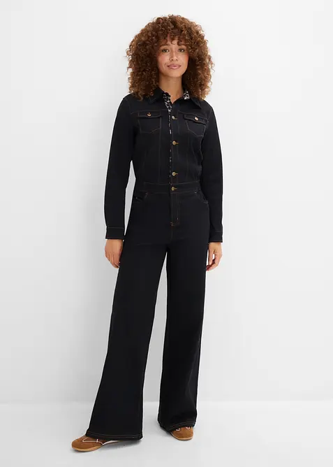 Twill-Overall mit Bequembund aus Baumwoll-Mix in schwarz von vorne (Totalaufnahme) - bonprix