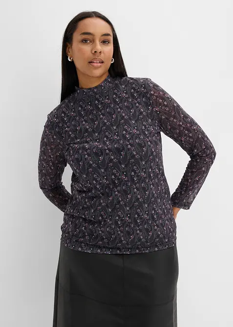 Langarmshirt aus feinem Mesh in schwarz von vorne (im Anschnitt) - bonprix