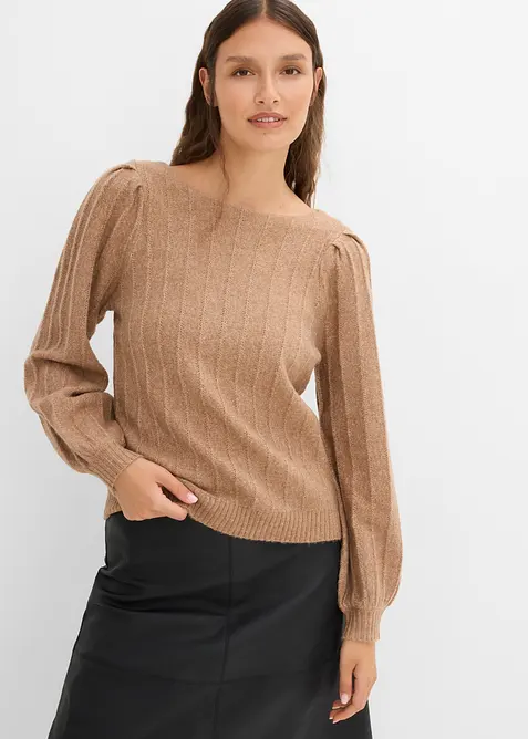 Pullover mit Puffärmeln in braun von vorne (im Anschnitt) - bonprix