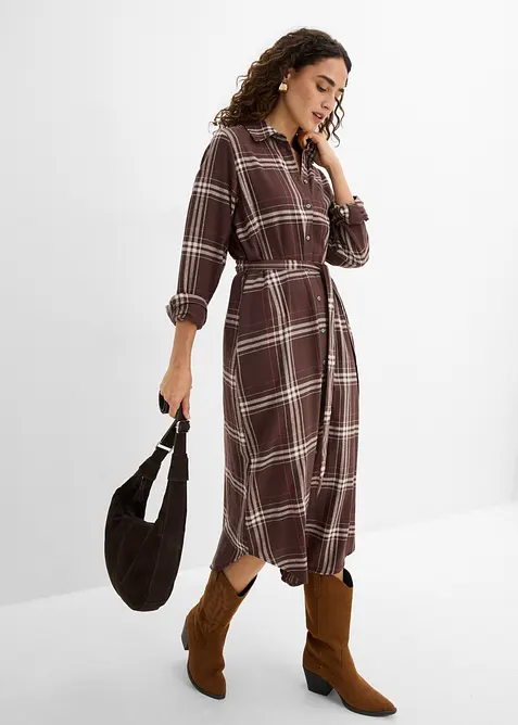 Flanell-Midikleid aus reiner Baumwolle in braun im Look von vorne (Totalaufnahme) - bonprix