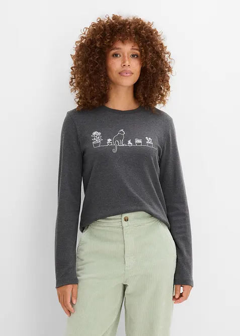 Langarmshirt aus purer Baumwolle in grau von vorne (im Anschnitt) - bonprix