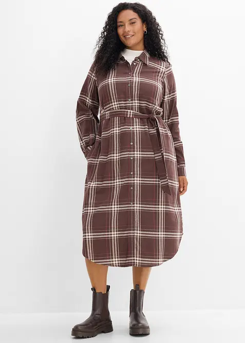 Flanell-Midikleid aus reiner Baumwolle in braun von vorne (Totalaufnahme) - bonprix