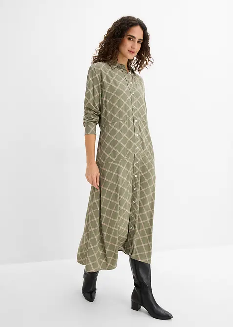 Blusenkleid aus reiner Viskose mit Eingriffstaschen in grün von vorne (Totalaufnahme) - bonprix