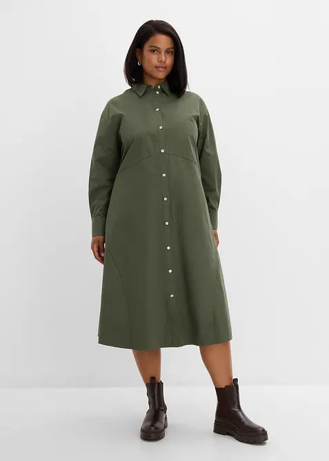 Hemdblusenkleid mit Bindedetail aus reiner Baumwolle in grün von vorne (Totalaufnahme) - bonprix