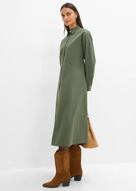Hemdblusenkleid mit Bindedetail aus reiner Baumwolle in grün im Look von vorne (Totalaufnahme) - bonprix