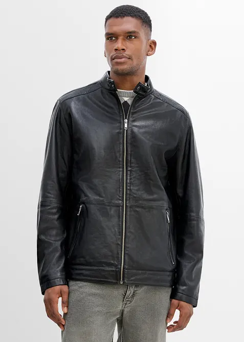 Lederjacke aus Lammnappa mit Reißverschluss-Taschen in schwarz von vorne (im Anschnitt) - bonprix