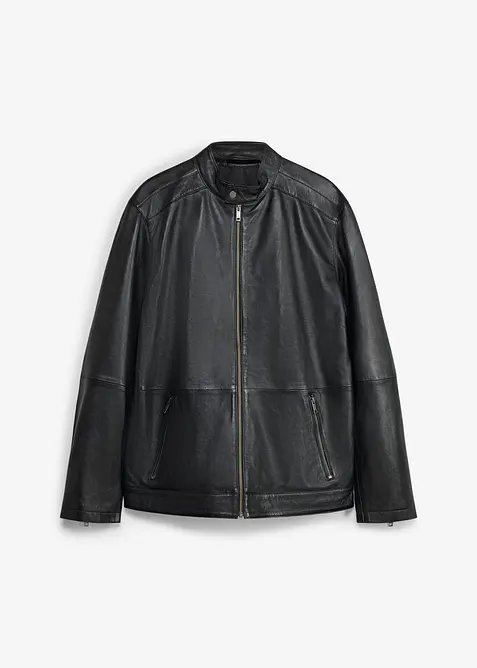 Lederjacke aus Lammnappa mit Reißverschluss-Taschen in schwarz von vorne - bonprix