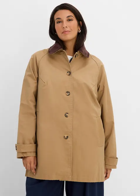 Gewachste Übergangsjacke mit Cord-Kragen in braun von vorne (im Anschnitt) - bonprix