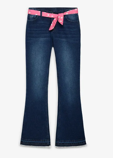 Flared-Jeans mit Bindegürtel Mid Waist (2-tlg.Set) in blau von vorne - bonprix