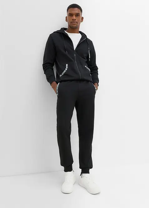Jogginganzug mit Details aus weichem Baumwollmix (2-tlg. Set) in schwarz von vorne (Totalaufnahme) - bonprix