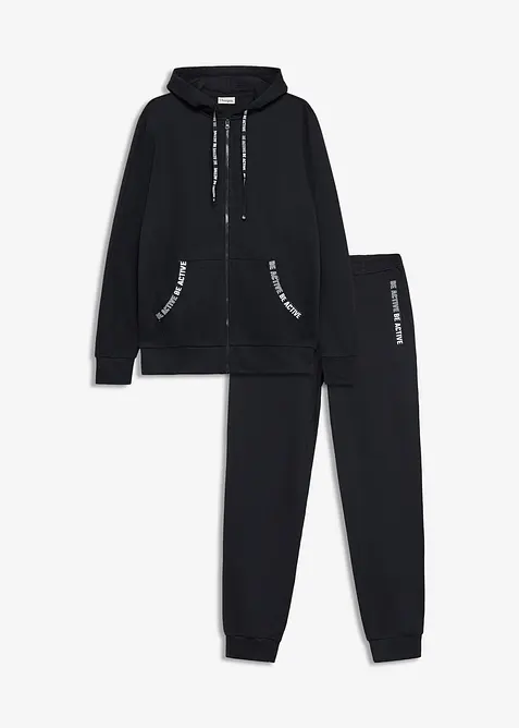 Jogginganzug mit Details aus weichem Baumwollmix (2-tlg. Set) in schwarz von vorne - bonprix