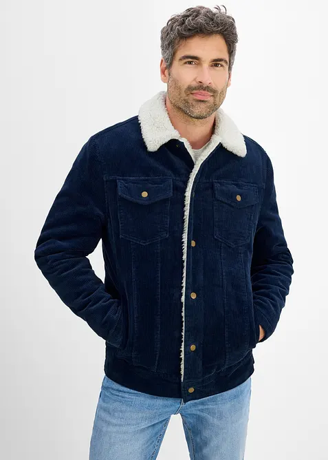 Cord-Winterjacke mit Teddyfutter in blau von vorne (im Anschnitt) - bonprix