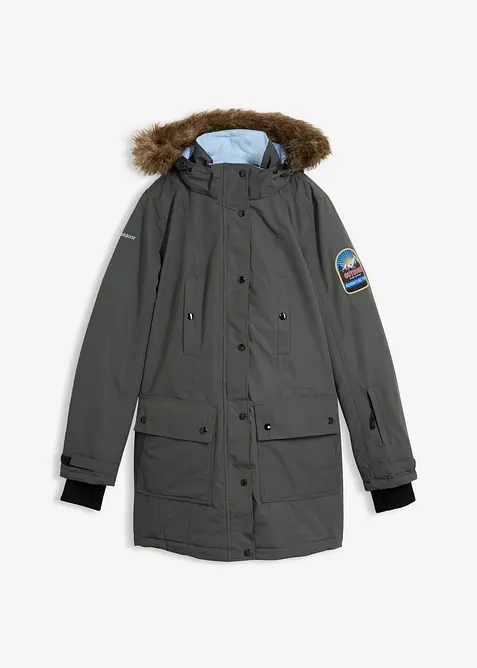 wasserdichte Funktions-Outdoor-Longjacke mit Kapuze in grau von vorne - bonprix