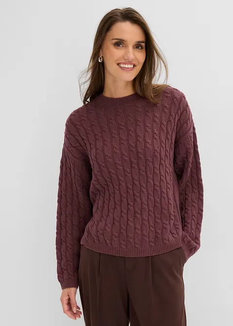 Pullover mit Zopfmuster in lila von vorne (im Anschnitt) - bonprix