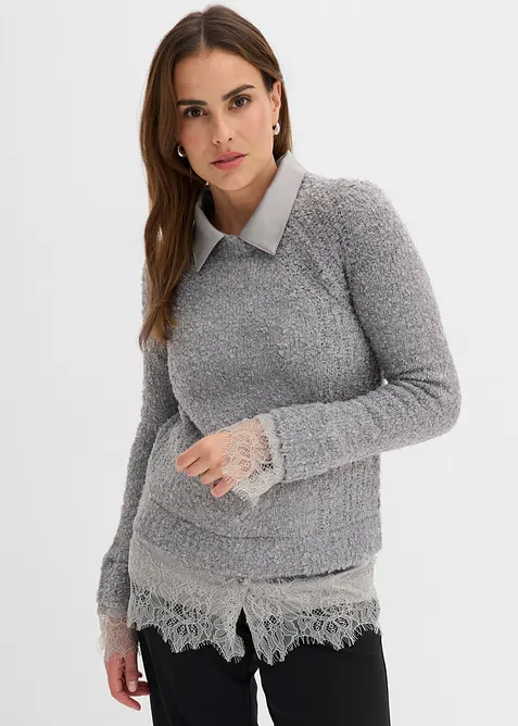 Pullover mit Bluseneinsatz in grau von vorne (im Anschnitt) - bonprix