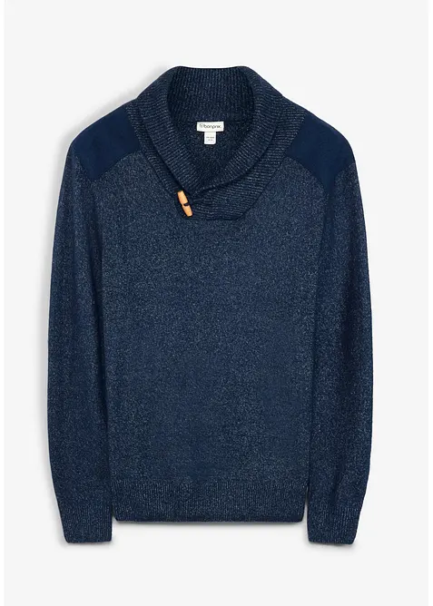 Feinstrickpullover mit Schalkragen in blau von vorne - bonprix