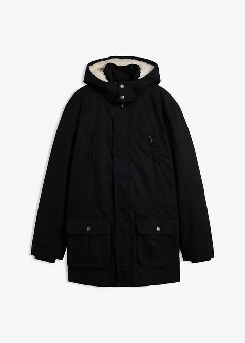 Winter-Parka mit Teddy-Kapuze in schwarz von vorne - bonprix