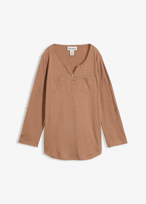 Baumwoll-Henleyshirt mit Knopfleiste in braun von vorne - bonprix