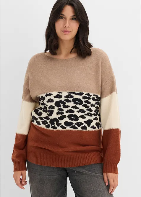 Oversize-Pullover mit U-Boot-Ausschnitt in braun von vorne (im Anschnitt) - bonprix