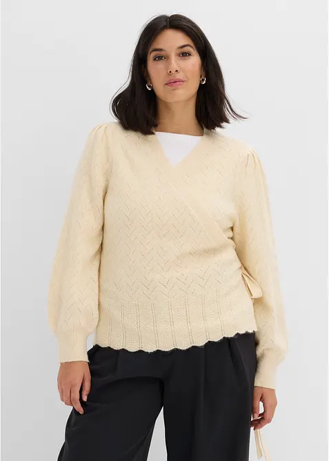 Wickelpullover mit Puffärmeln in beige von vorne (im Anschnitt) - bonprix