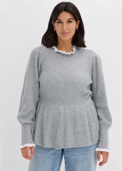 Pullover mit Blusen-Einsatz in grau von vorne (im Anschnitt) - bonprix