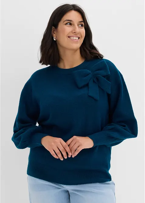 Pullover mit Schleifen-Applikation in petrol von vorne (im Anschnitt) - bonprix