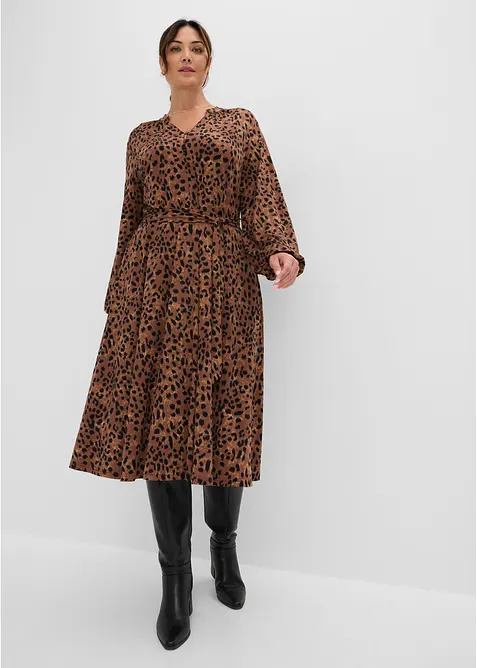 Jerseykleid mit Bindeband (2.tlg-Set) im Leo Look in beige von vorne (Totalaufnahme) - bonprix