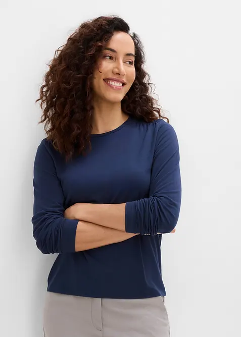 Langarmshirt aus elastischem Viskose-Mix in blau von vorne (im Anschnitt) - bonprix