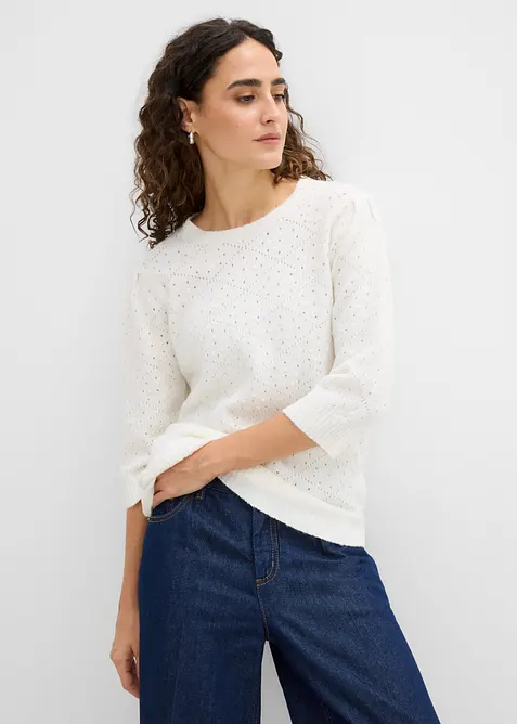 Ajour-Pullover mit 3/4-Arm in weiß von vorne (im Anschnitt) - bonprix